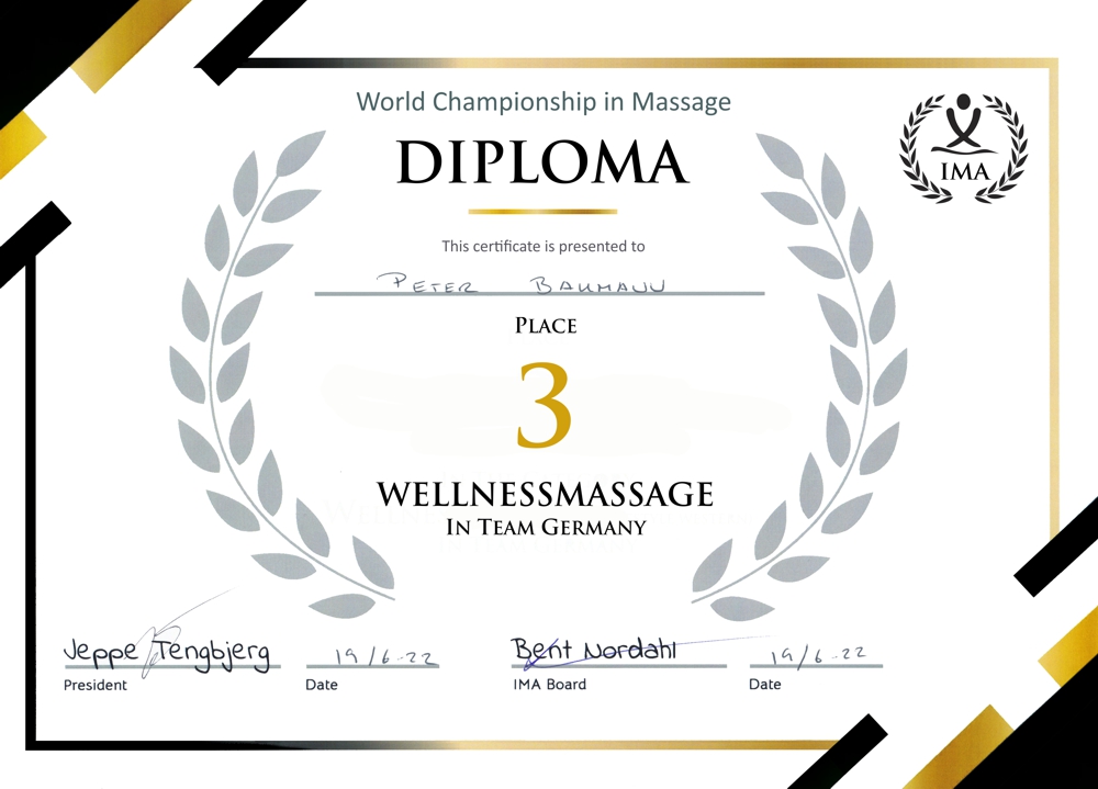 Diplom – 3. Platz Wellnessmassage bei der Massage-Weltmeisterschaft 2022 in Kopenhagen