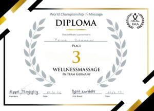 Diplom Drittbester Deutscher Teilnehmer bei der Massage-Weltmeisterschaft 2022 in Kopenhagen